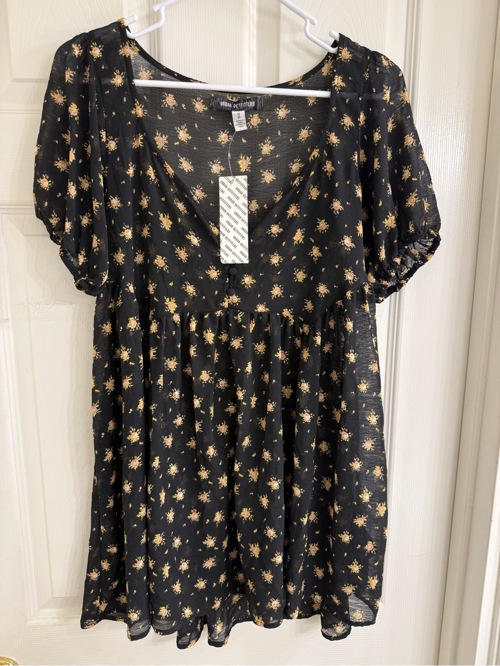 Urban Outfitters Sheer Black Babydoll Dress with Yellow Floral Print-Sz S